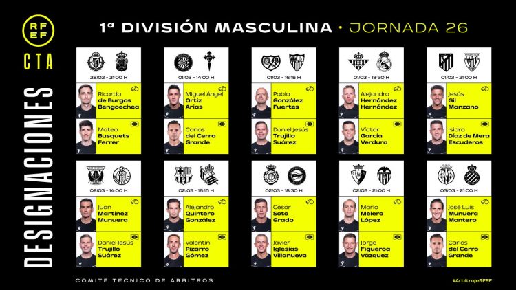 Estos son los árbitros de la jornada 26