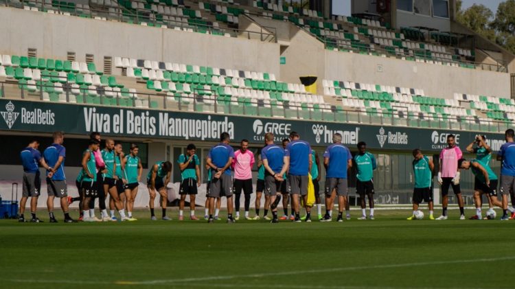 Plantilla del Real Betis Balompié sobre el césped de la Ciudad Deportiva Luis del Sol. | Imagen: perfil de X @RealBetis.